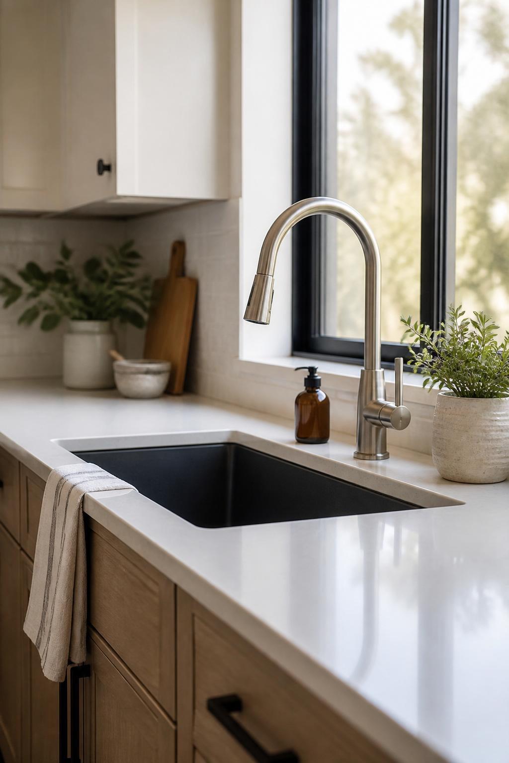 Modern kitchen sink with a clean installed faucet.