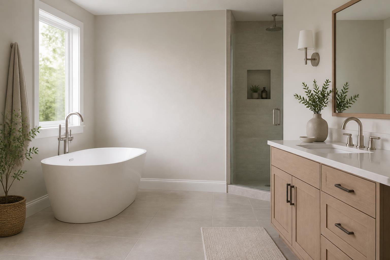 Clean finished bathroom with open space for text overlay.
